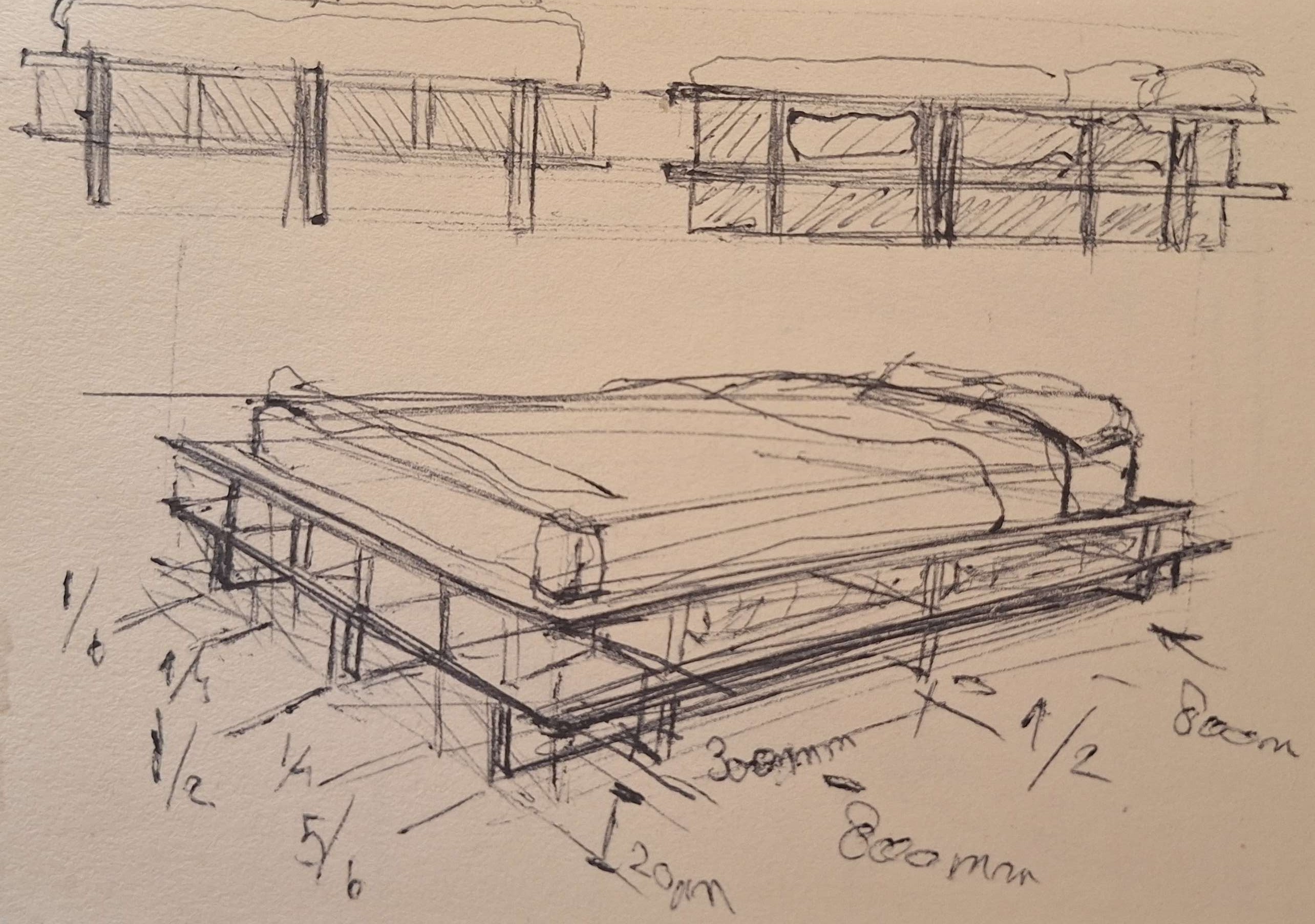 Axonometric sketch of the oak frame structure, with beam dimensions noted